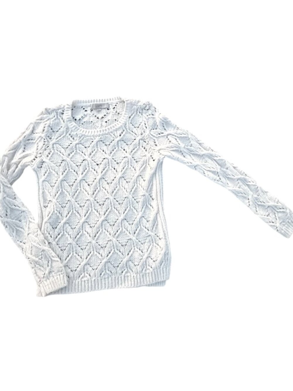 LOFT Cream Cable Knit Openwork Pointelle Sweater Off White Crew Neck - Picture 5 of 16
